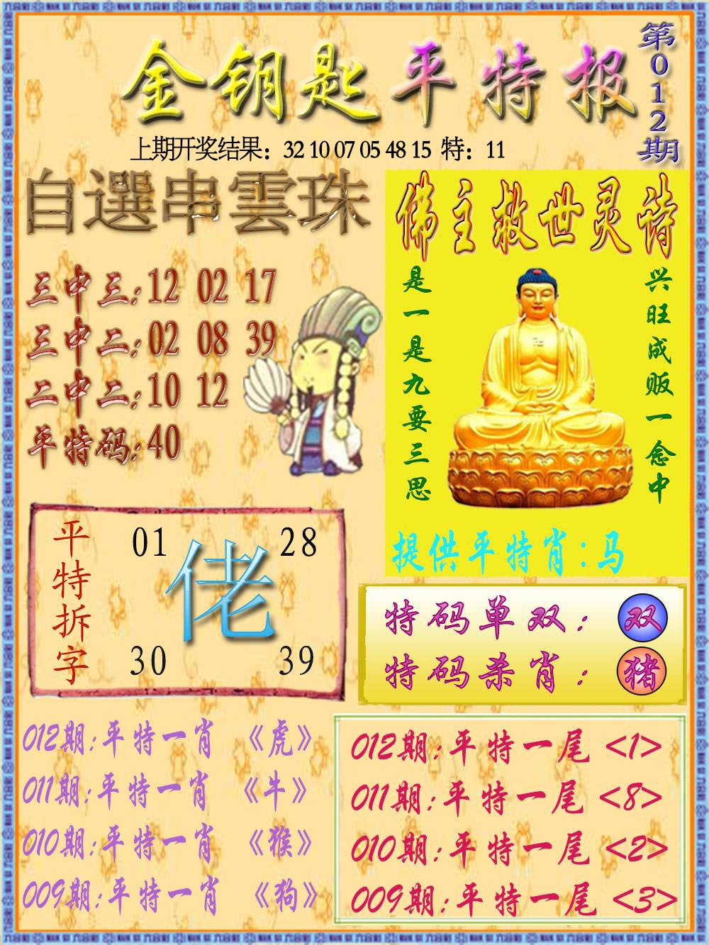012期金钥匙平特报[图]