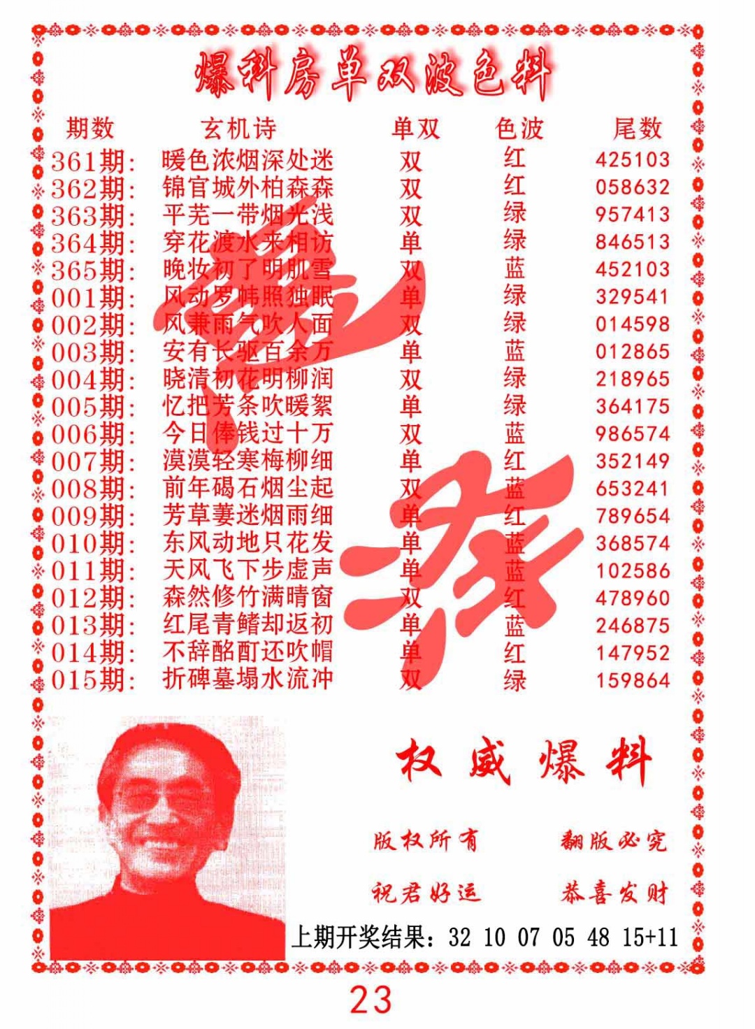 012期爆料房单双波色料[图]